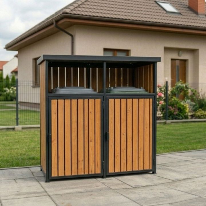 Drewniana jasnobrązowa zabudowa do koszy śmietnikowych przed dom